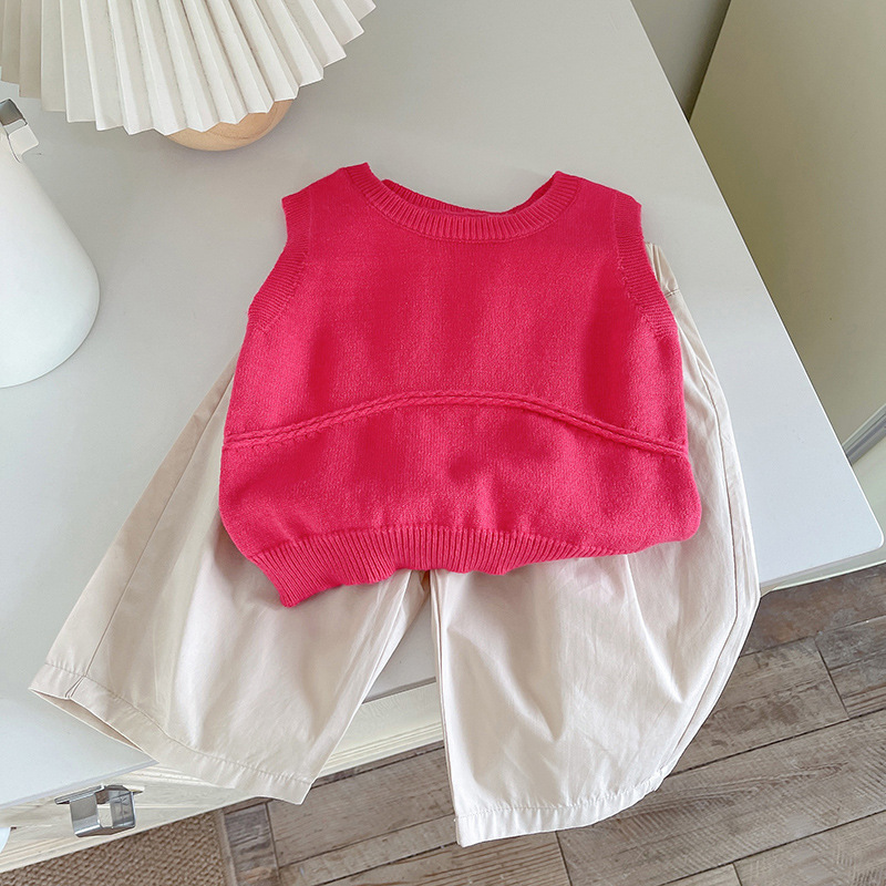 Girls' Set 2024 Summer Edition: Korean-style stylish knitted niche design vest, trendy children's casual sleeveless top Specification drawing