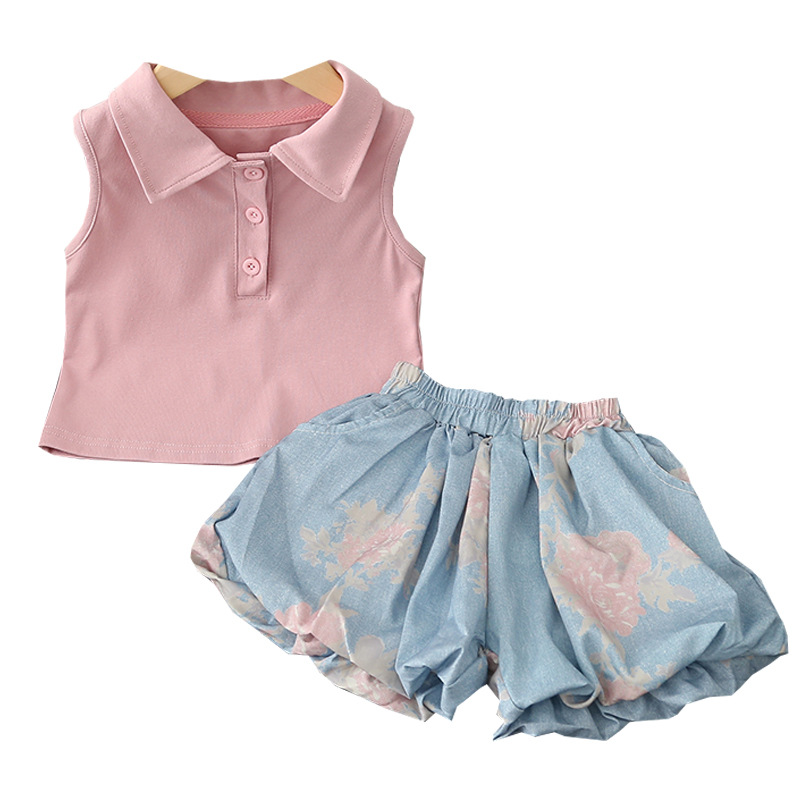 Children's lapel vest, flower bud pants set, spring girls' stylish and trendy short pants set in stock Item Picture