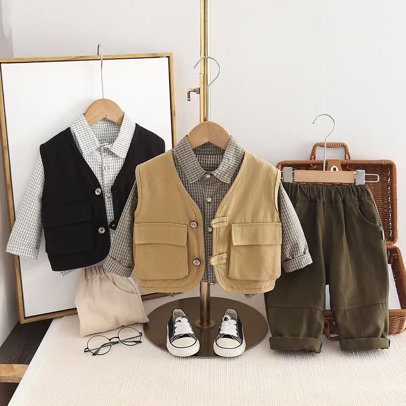 Boys' Autumn three-piece set, Children's spring and autumn set 2024, new Korean style, stylish baby and little boy's cool vest Specification drawing