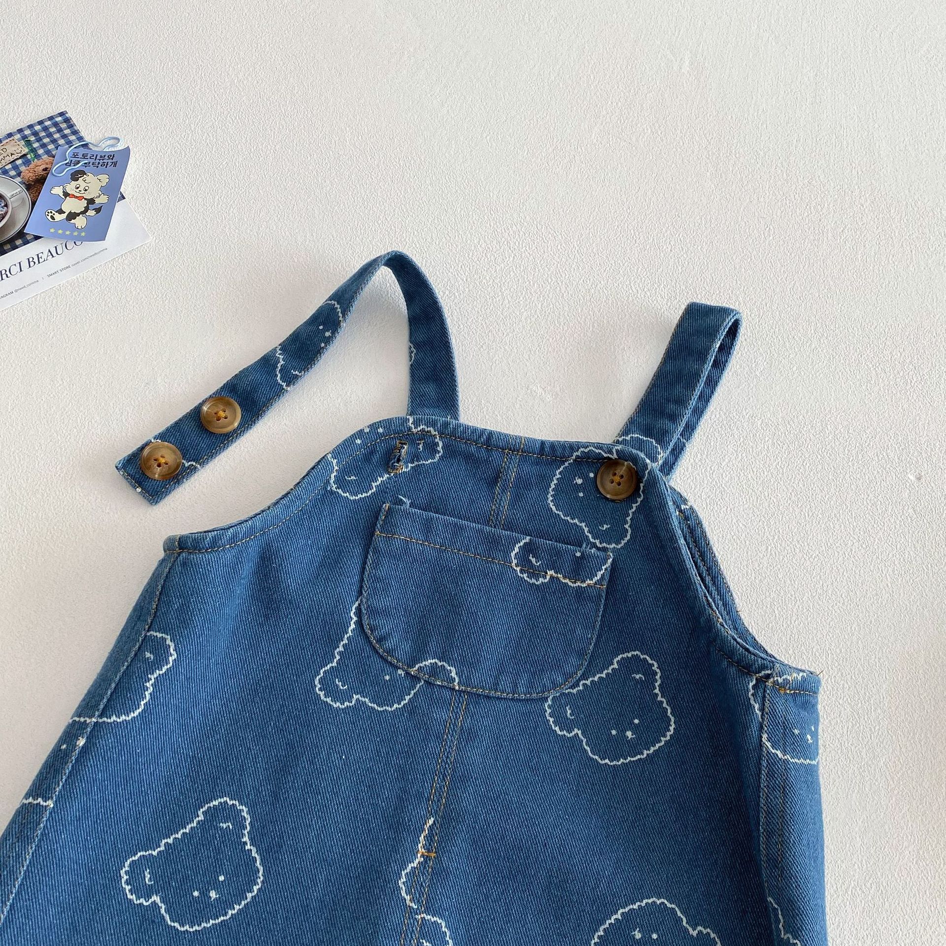 Children's bear overalls 2025 new Spring full-length cartoon jeans for boys, baby Korean-style spring pants Specification drawing