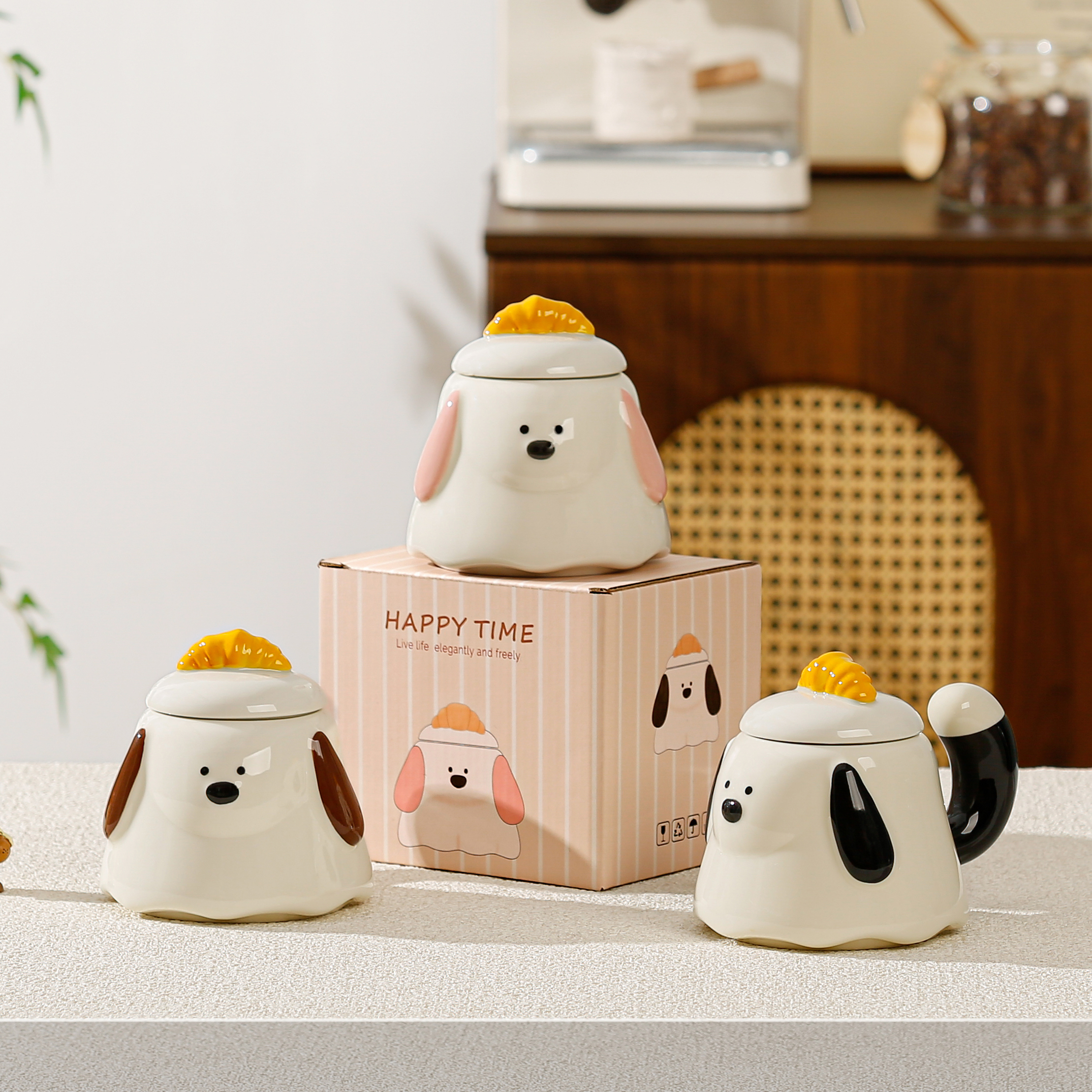 New product with lid, cute cartoon horn cup, dog ceramic cup, high appearance level mug, souvenir gift, couple cup