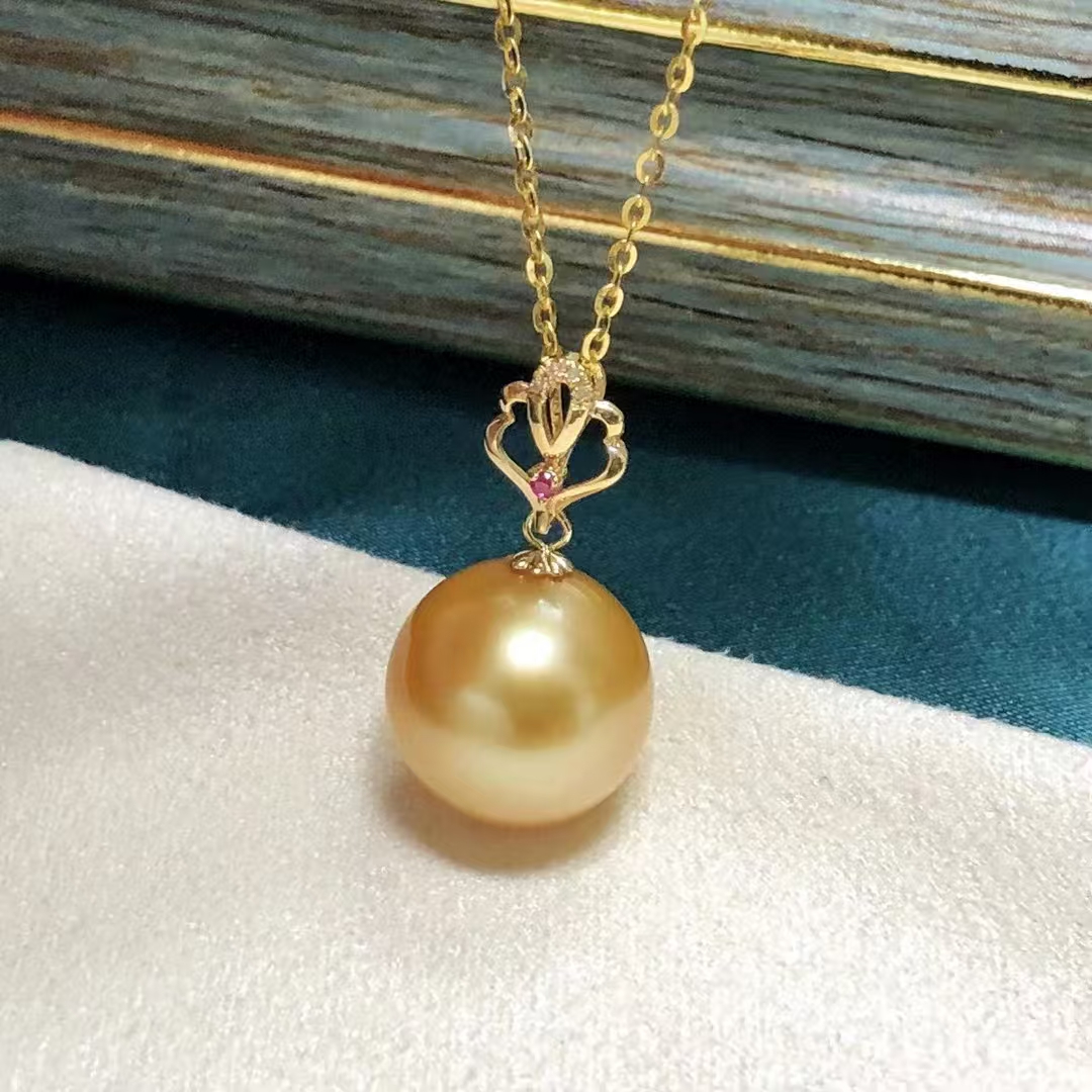 18k金浓金天然珍珠 珠光璀璨12-13mm金珍珠吊坠送银链大珍珠天然珍珠散珠