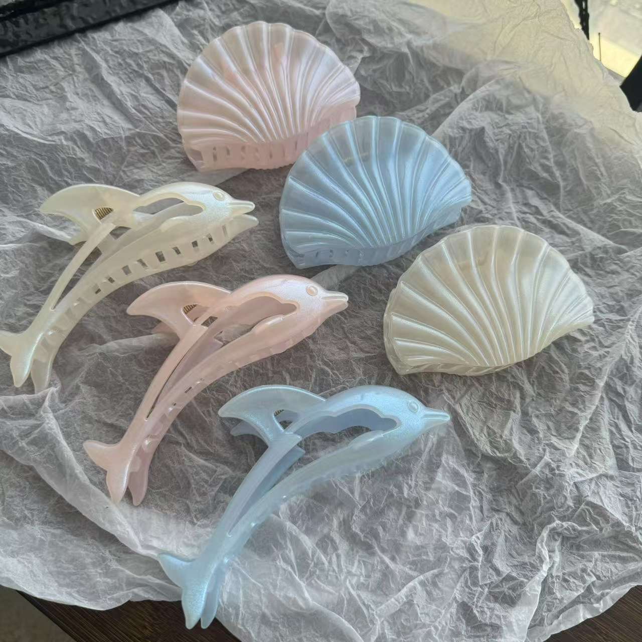 细闪海洋系列贝壳抓夹海豚发夹白粉蓝系列鲨鱼夹