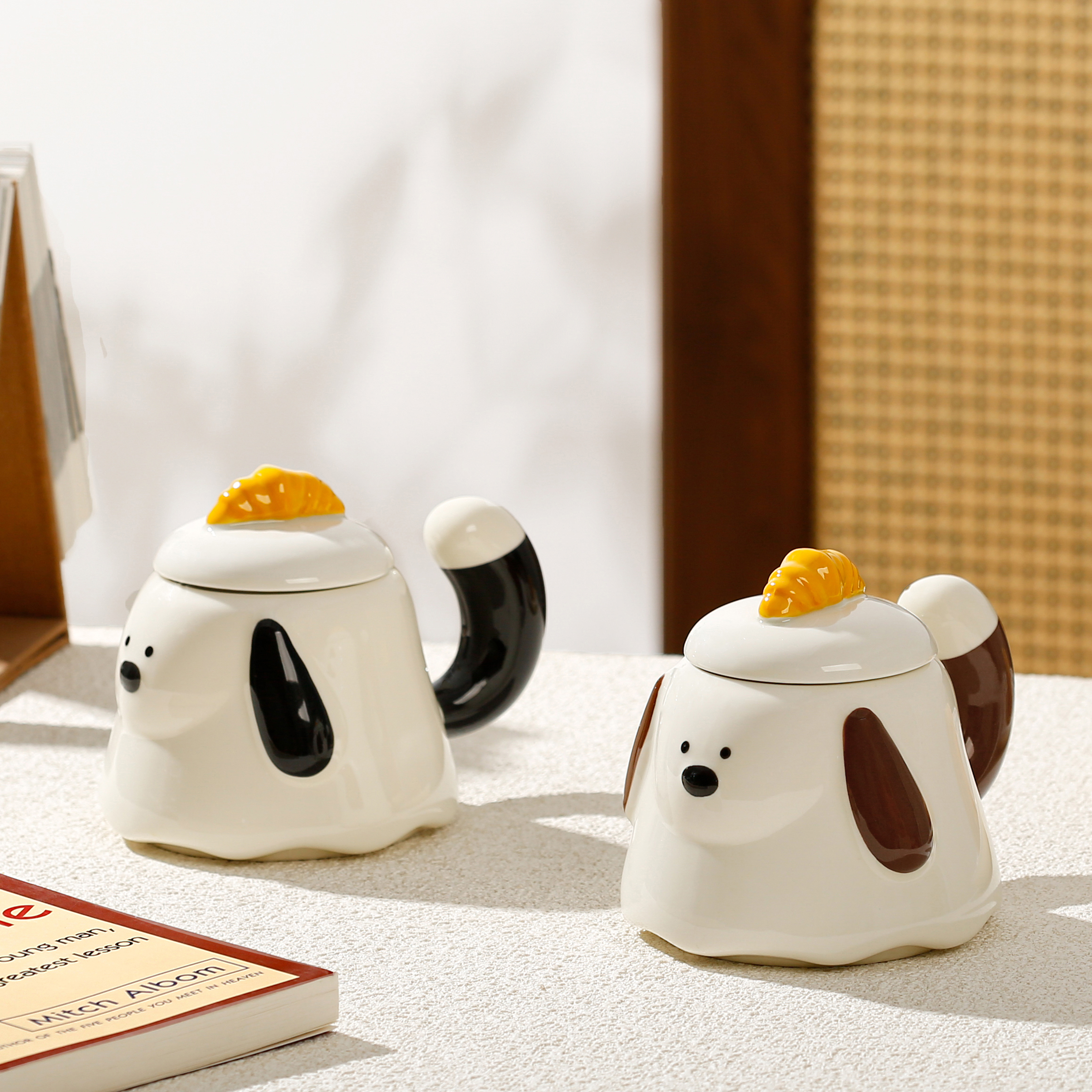 New product with lid, cute cartoon horn cup, dog ceramic cup, high appearance level mug, souvenir gift, couple cup details Picture