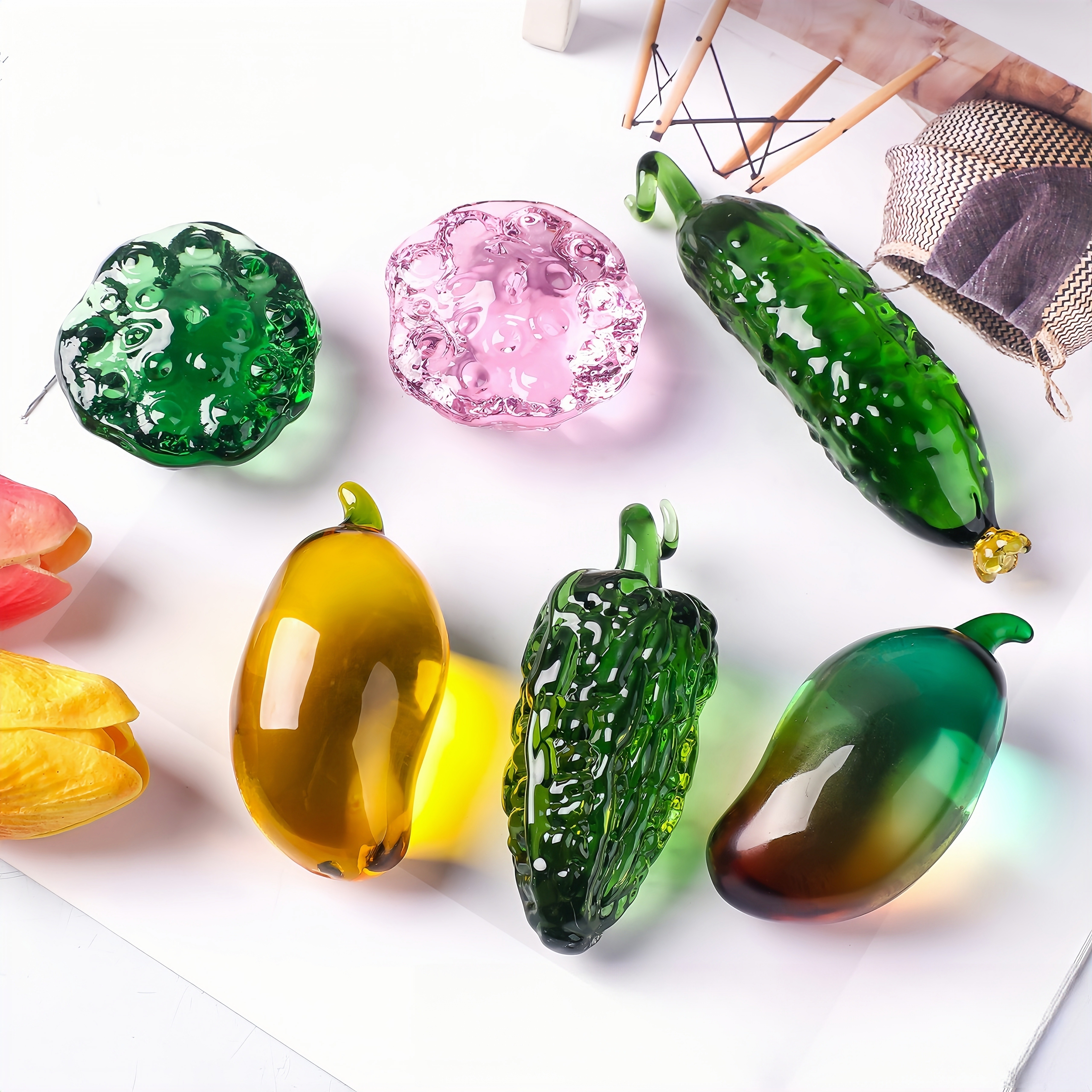 水晶工艺简约轻奢欧式芒果苦瓜黄瓜莲蓬仿真水果组合拼盘桌面摆件
