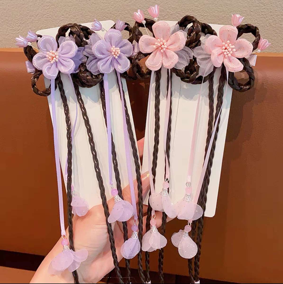 Children's headwear, ancient-style Hanfu, false braids, hair clips, girls' flower hair clips, super fairy-like hair flowers, baby tassel pairs details Picture