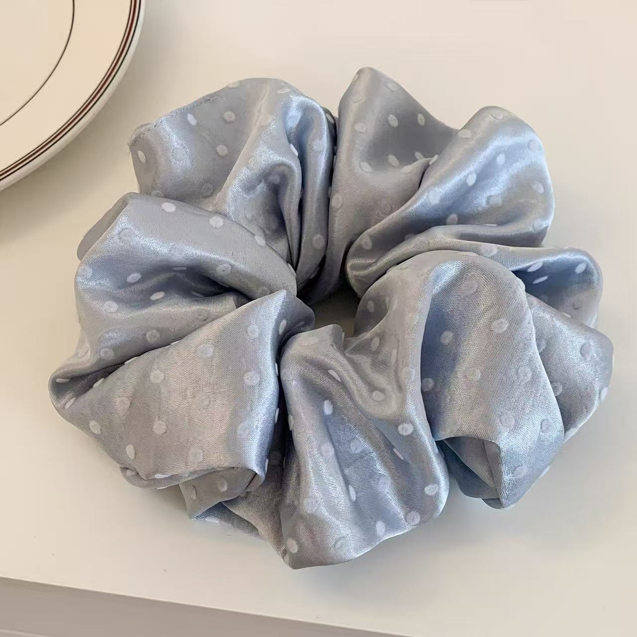 New satin flocked polka dot large intestine hair band, simple headwear, high-elasticity rubber band Item Picture