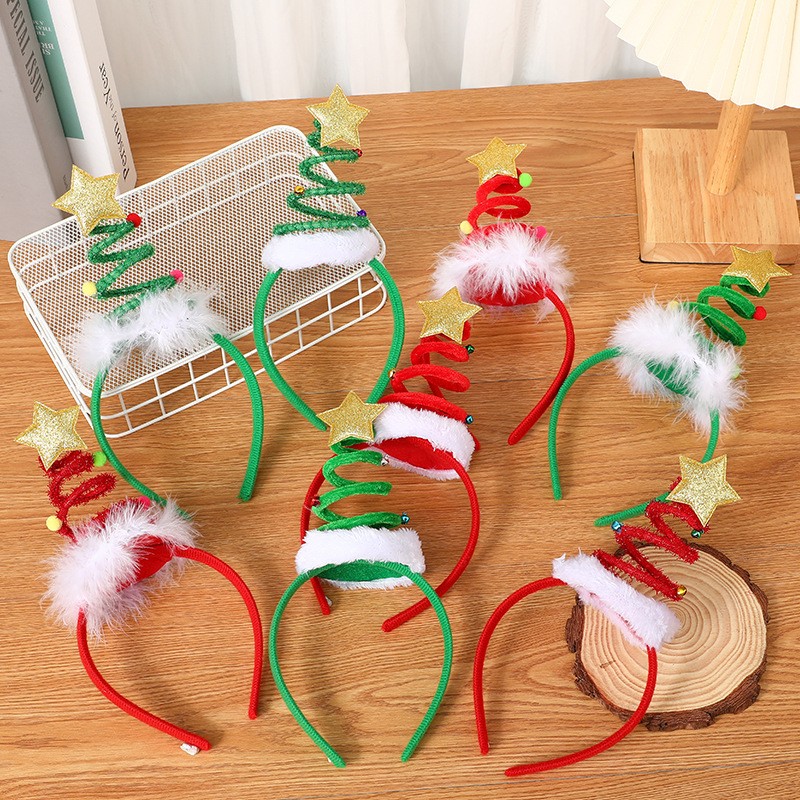 弹簧圣诞树发箍儿童派对表演头箍可爱卡通弹簧圣诞帽发饰批发