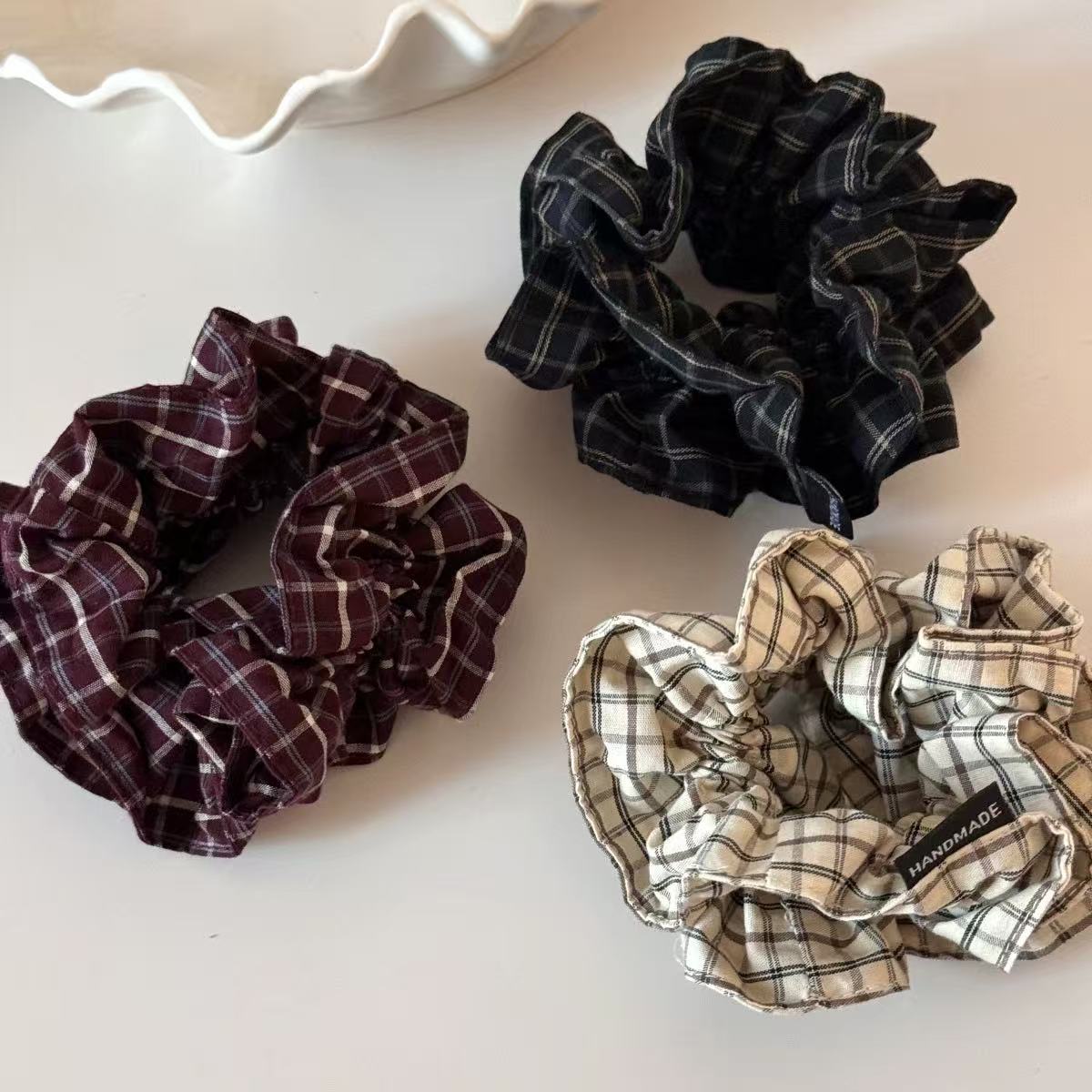 French retro checkered waist hair band, double-layer large intestine hair band, elegant ponytail hair tie Specification image