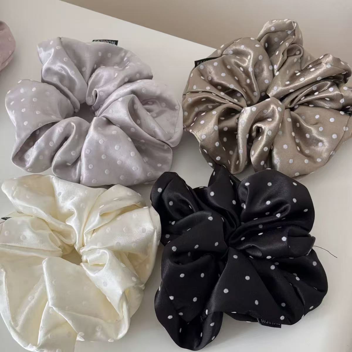 New satin flocked polka dot large intestine hair band, simple headwear, high-elasticity rubber band details Picture