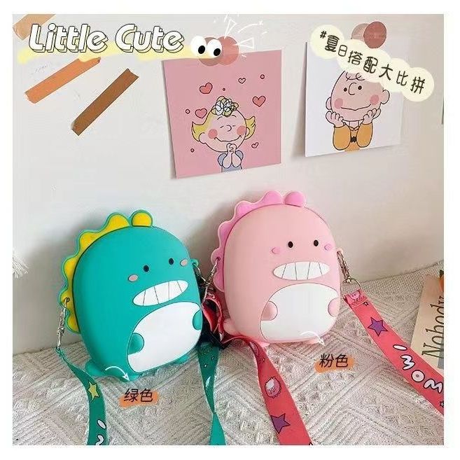 跨境现货 日系卡通萌恐龙硅胶包包 便携式斜跨单肩包 女童零钱包零钱包硅胶包