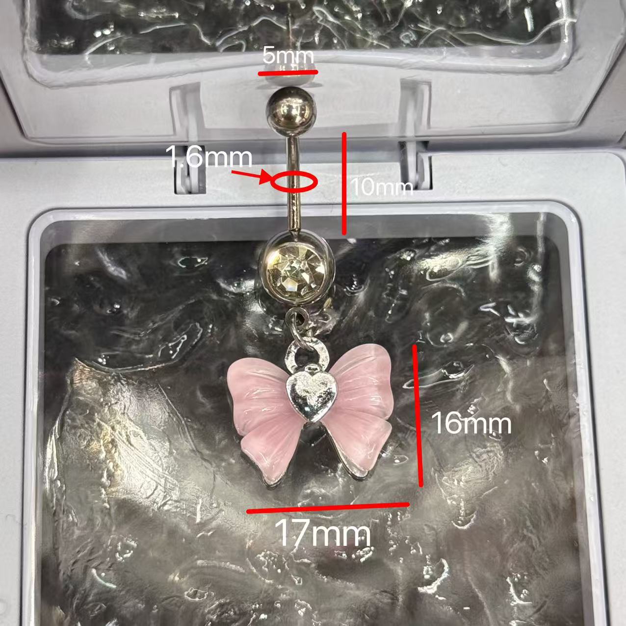  不锈钢肚脐钉粉蝴蝶结肚脐钉小众锆石脐钉1.6肚脐环人体穿刺脐钉珠链产品图