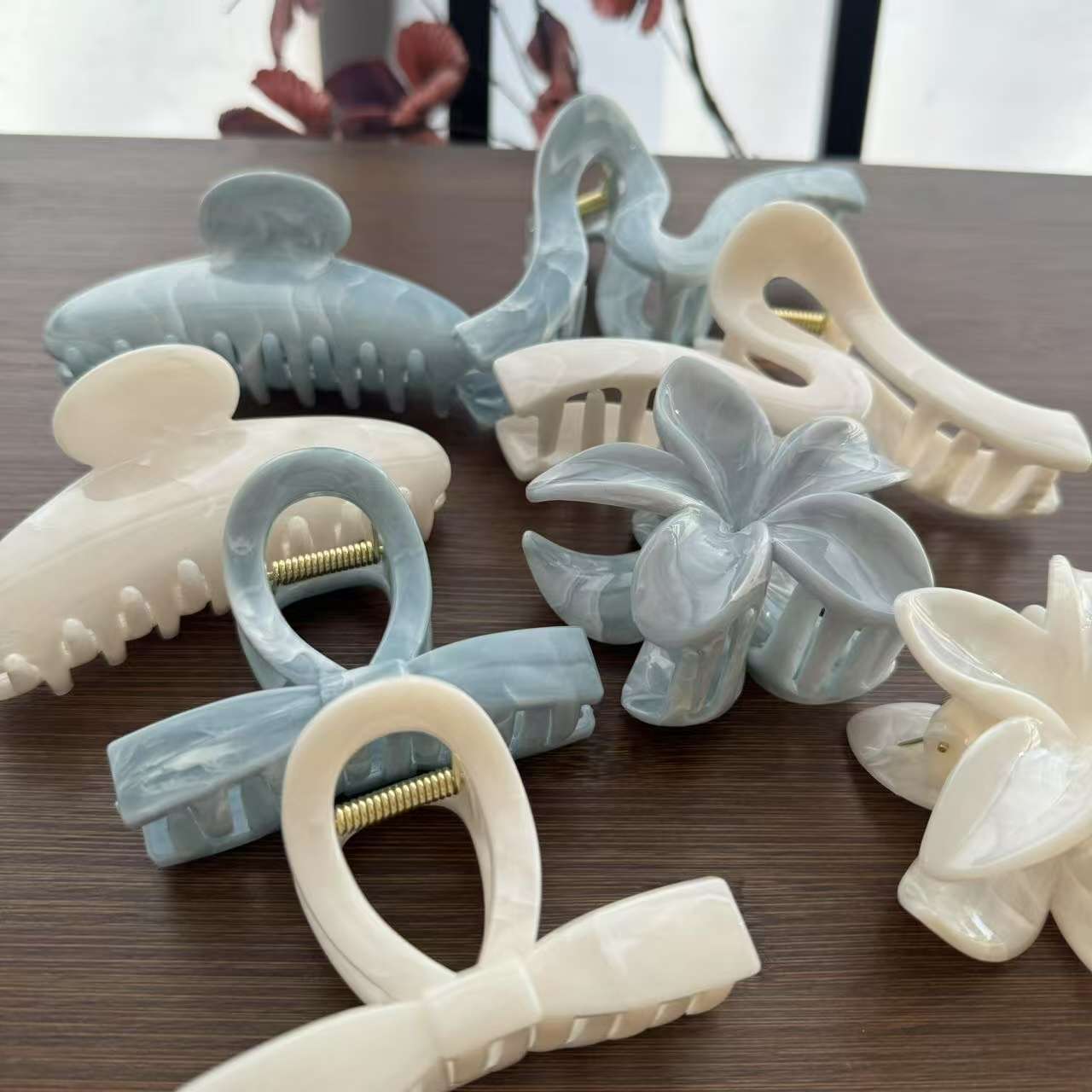 大理石流纹白蓝色系抓夹鸡蛋花发夹领结元宝鲨鱼夹