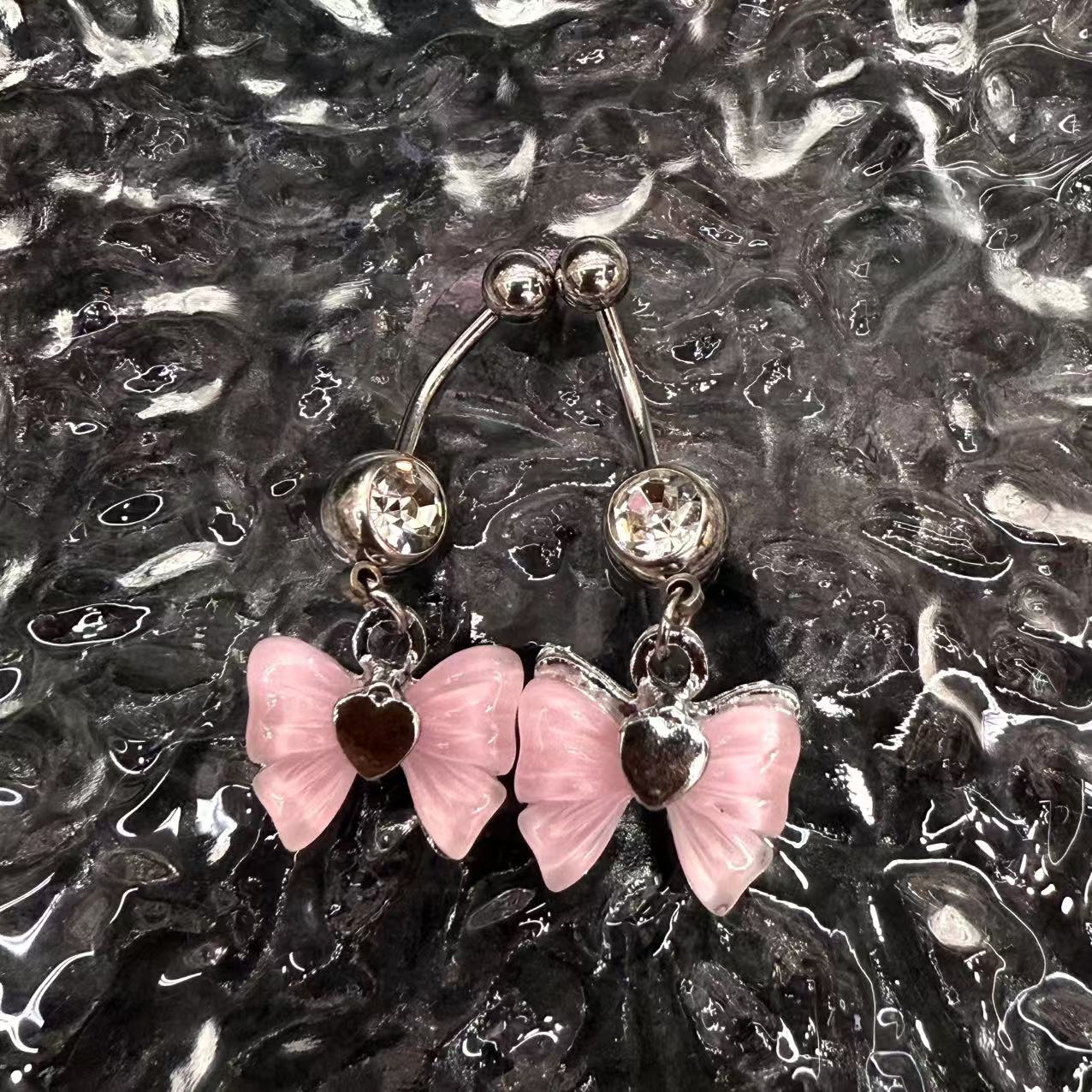  不锈钢肚脐钉粉蝴蝶结肚脐钉小众锆石脐钉1.6肚脐环人体穿刺脐钉珠链