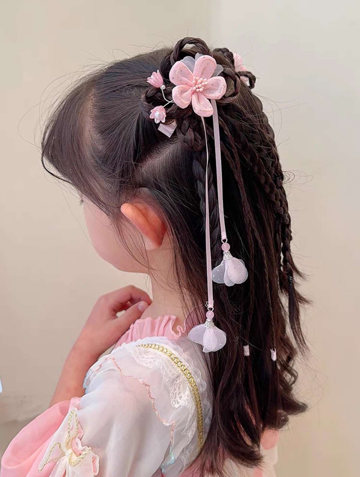Children's headwear, ancient-style Hanfu, false braids, hair clips, girls' flower hair clips, super fairy-like hair flowers, baby tassel pairs