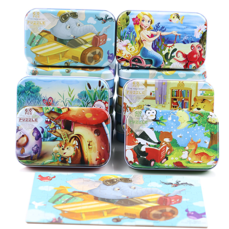 Wholesale of 60-piece iron box wooden jigsaw puzzles for children, animated cartoon flat jigsaw puzzle boards, and early education toys for babies full figure