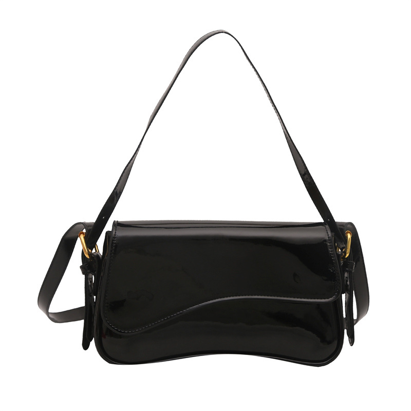 New flip-top magnetic buckle single-shoulder bag, fashionable and simple women's bag, underarm bag, crossbody hand-held, glossy patent leather small square bag Item Picture