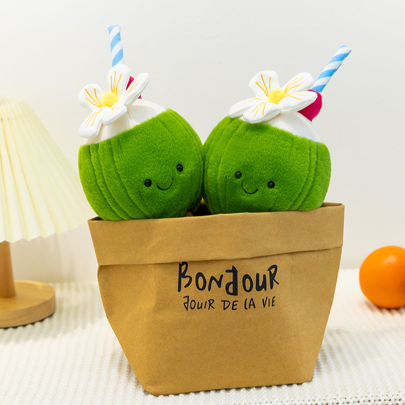 New creative and cute summer coconut plush toys, fun coconut simulation figurines, table and decorative items, afternoon tea Specification drawing