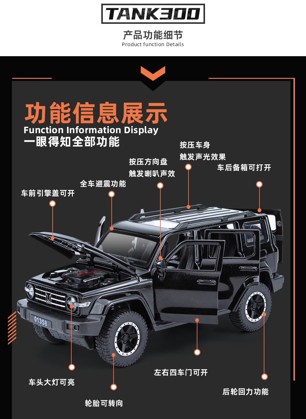 仿真1比24趟克300合金越野车钥匙版模型合金车模详情6