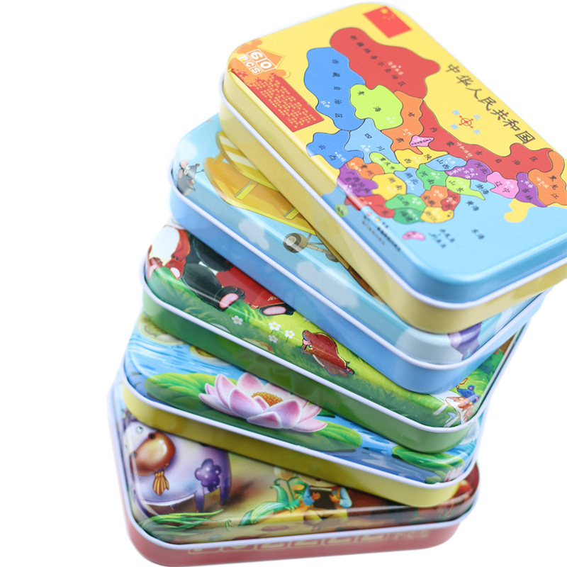 Wholesale of 60-piece iron box wooden jigsaw puzzles for children, animated cartoon flat jigsaw puzzle boards, and early education toys for babies Specification drawing