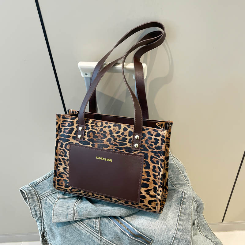 Spring and summer trendy cross-border leopard print large-capacity European and American style patchwork women's bags, tote bags, high-end and elegant single-shoulder bags Specification drawing