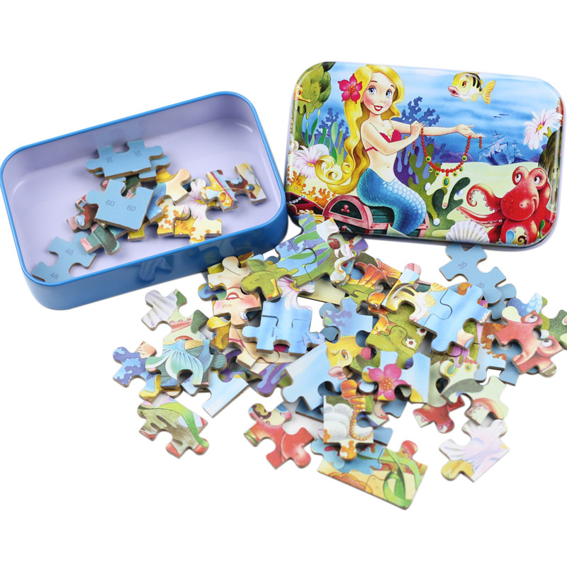 Wholesale of 60-piece iron box wooden jigsaw puzzles for children, animated cartoon flat jigsaw puzzle boards, and early education toys for babies details Picture