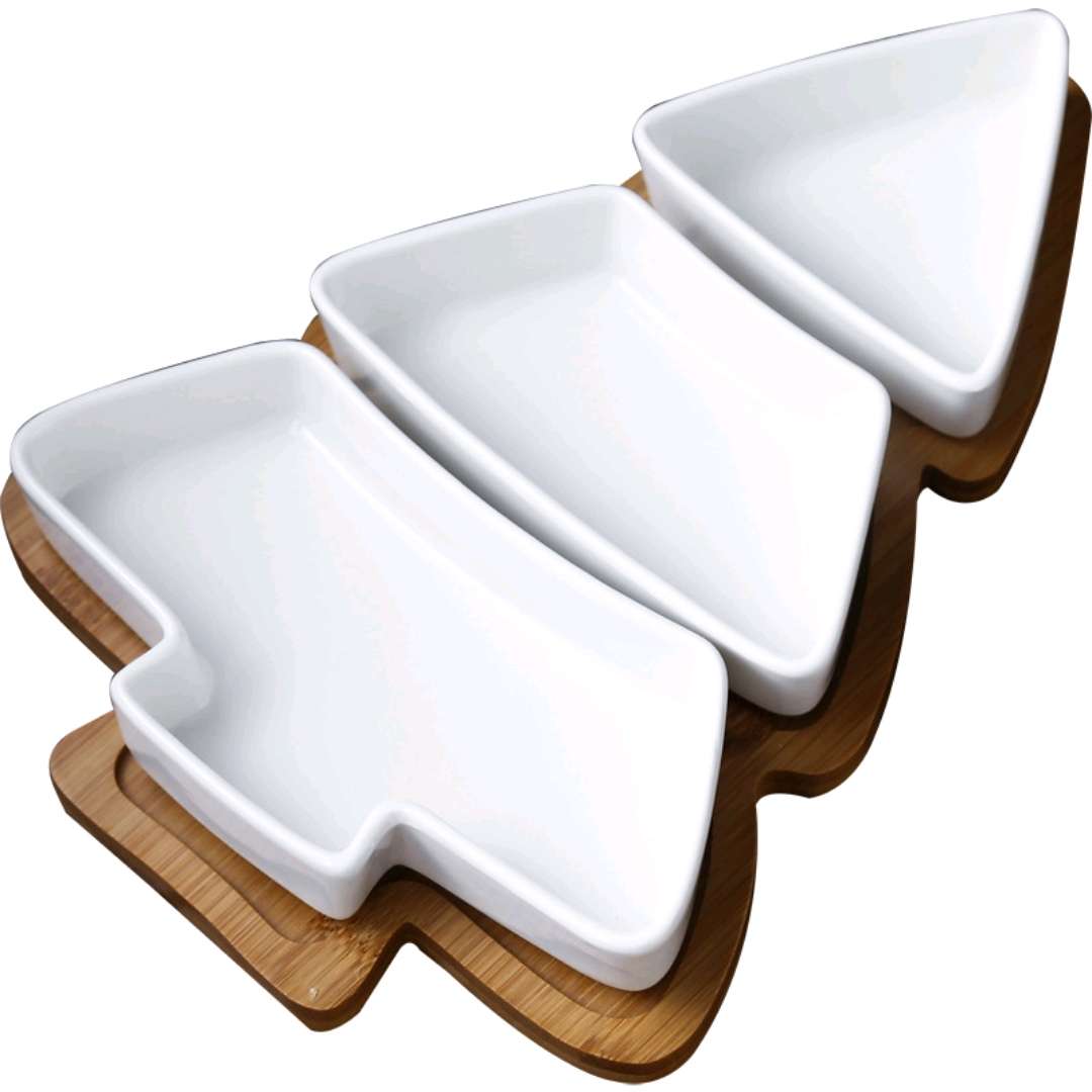 创意陶瓷分格果盘带竹垫圣诞树北欧干果水果糖果坚果盘