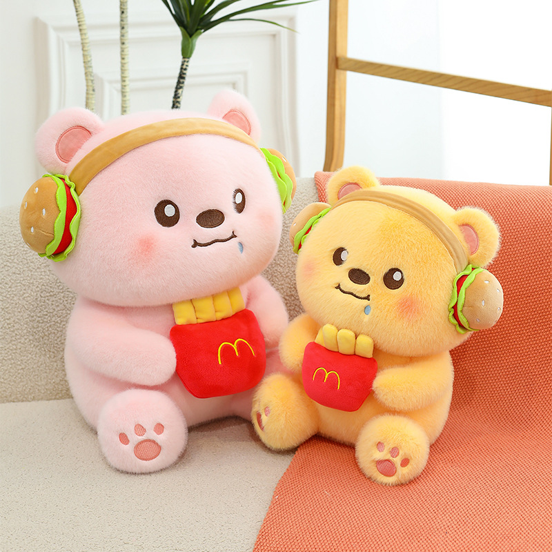 New cute headphones, hamburger fries, bear doll, internet-famous bear plush toy, doll, and girls' throw pillow full figure