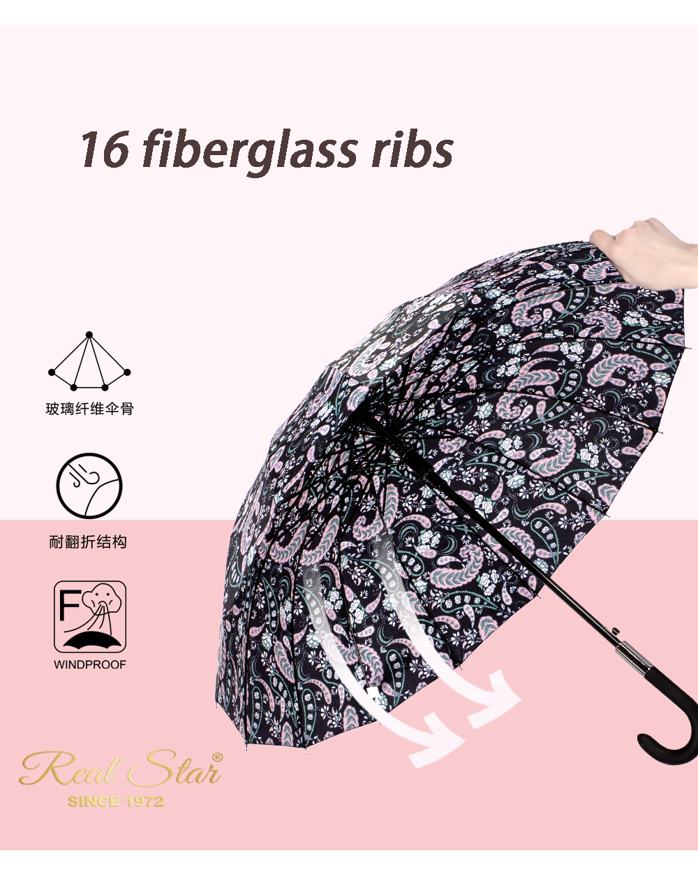 星宝伞1401长伞花朵16骨雨伞腰果花欧式弯钩手柄雨伞女士长柄伞批发大伞详情8