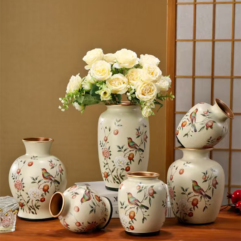新中式漆彩烤花高级感陶瓷花瓶摆件美式客厅插花餐桌婚庆花艺桌面装饰品