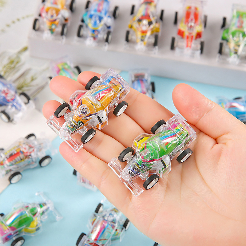 Children's cartoon mini transparent double-layer rebound equation car, kindergarten small gifts, candy toys, kindergarten gifts Application Scenario