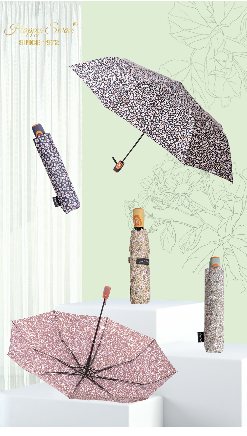 星宝伞3132A小碎花三折雨伞半自动开收雨伞防风折叠伞批发外贸碎花雨伞半自动雨伞详情4