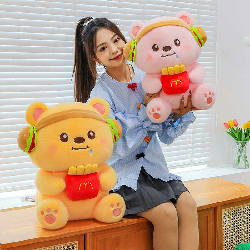 New cute headphones, hamburger fries, bear doll, internet-famous bear plush toy, doll, and girls' throw pillow details Picture