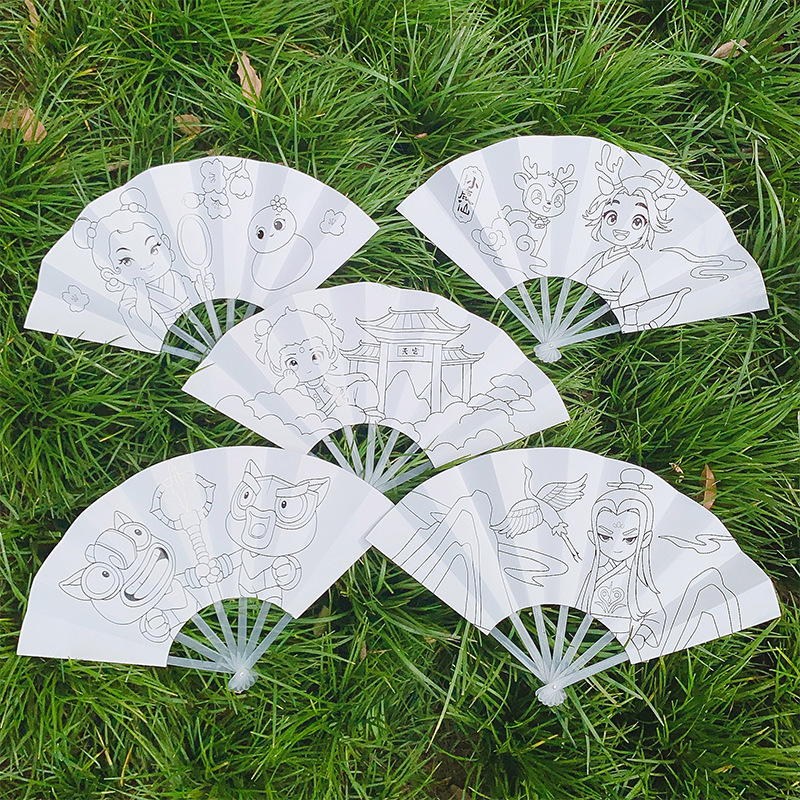 Children's DIY graffiti seven-fold fan, cartoon coloring, educational handcrafted painting fan for kindergarten, summer portable gift Specification drawing
