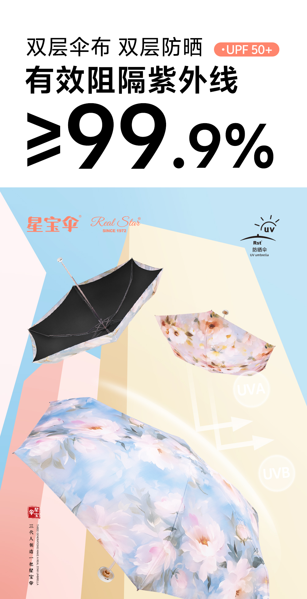 星宝伞5580五折口袋雨伞晴雨2用真双层雨伞黑胶零透光防紫外雨伞详情8