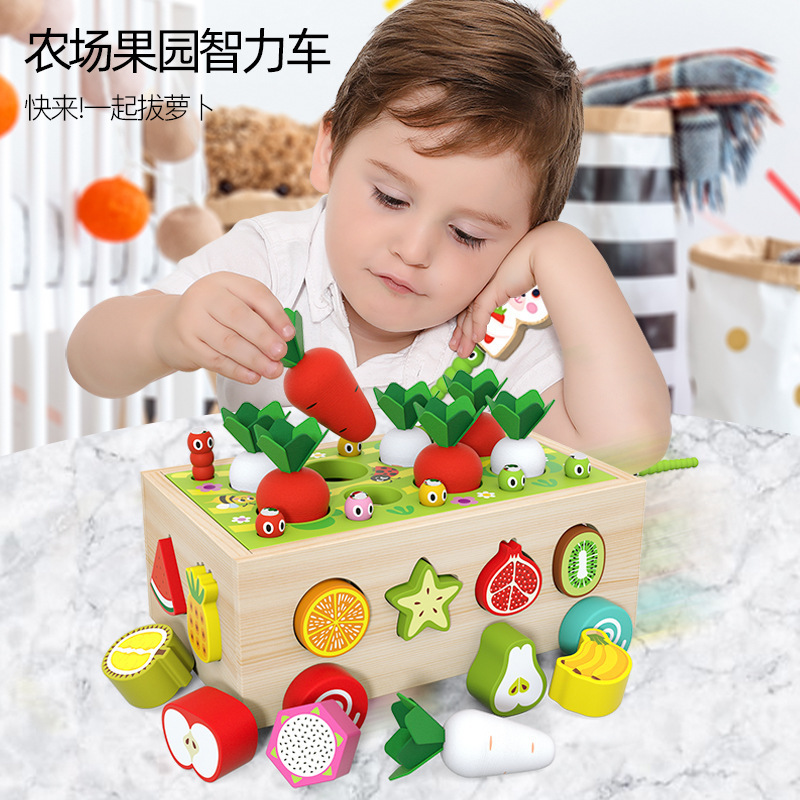 Children's geometric-shaped building block matching trolley, baby bug catching and radish pulling, early education toys for infants and toddlers, boys and girls details Picture