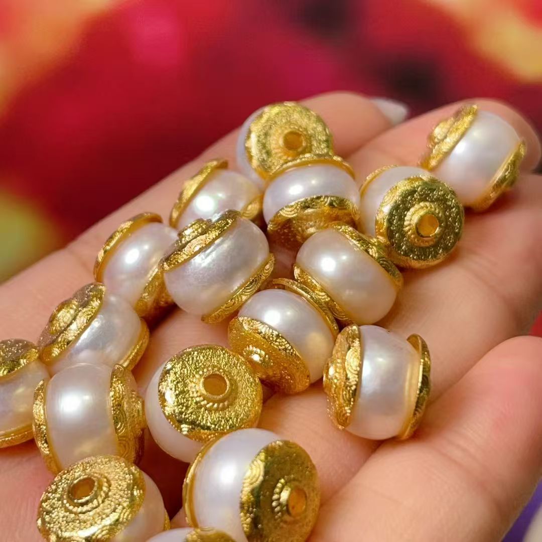 Natural white pearl straight-hole accessories, diy jewelry accessories, crystal accessories, traditional sand gold accessories, copper-plated real gold, high color retention details Picture