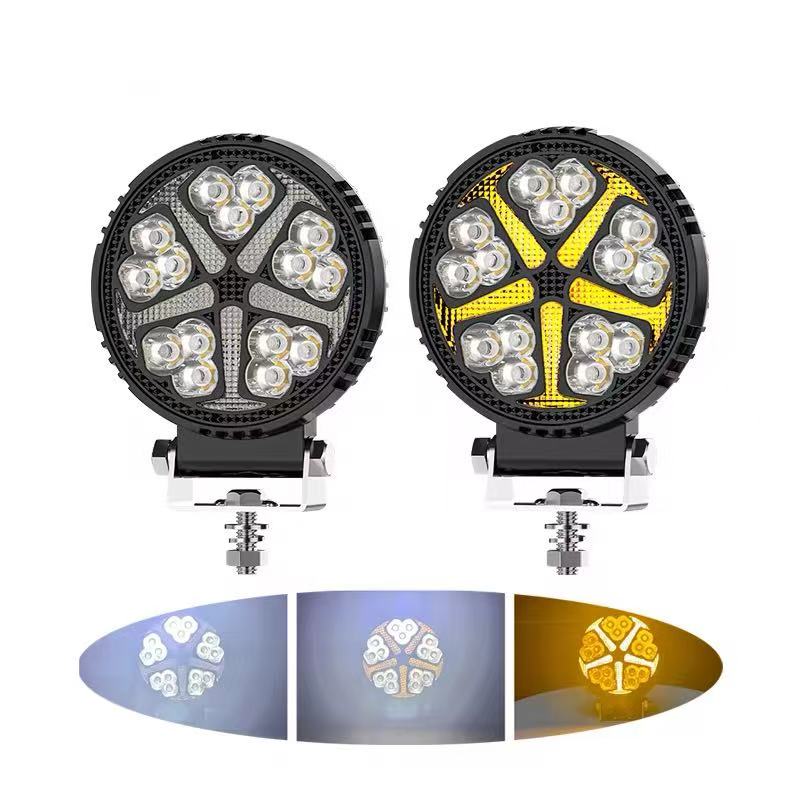 The new round car work light, dual-color mode, off-road vehicle installation lights, spotlights, daytime running lights, and flashing headlights full figure