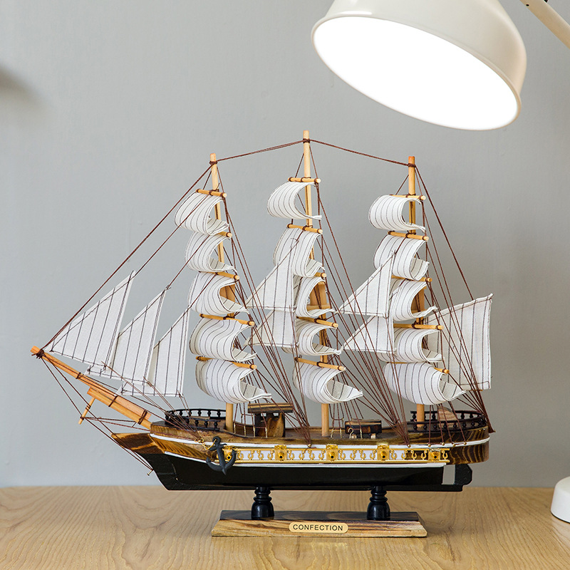 木质帆船模型摆件地中海客厅家居装饰品一帆风顺小工艺船木工制作