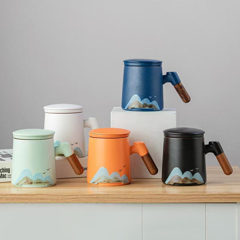 木柄陶瓷马克杯过滤茶水分离杯办公室泡茶杯商务礼品雕刻