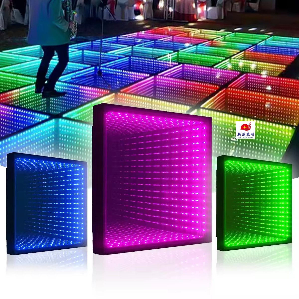 LED dance floor tiles, multi-layer mirrors, rgb ballroom floor lights, 3D infinite abyss mirrors
