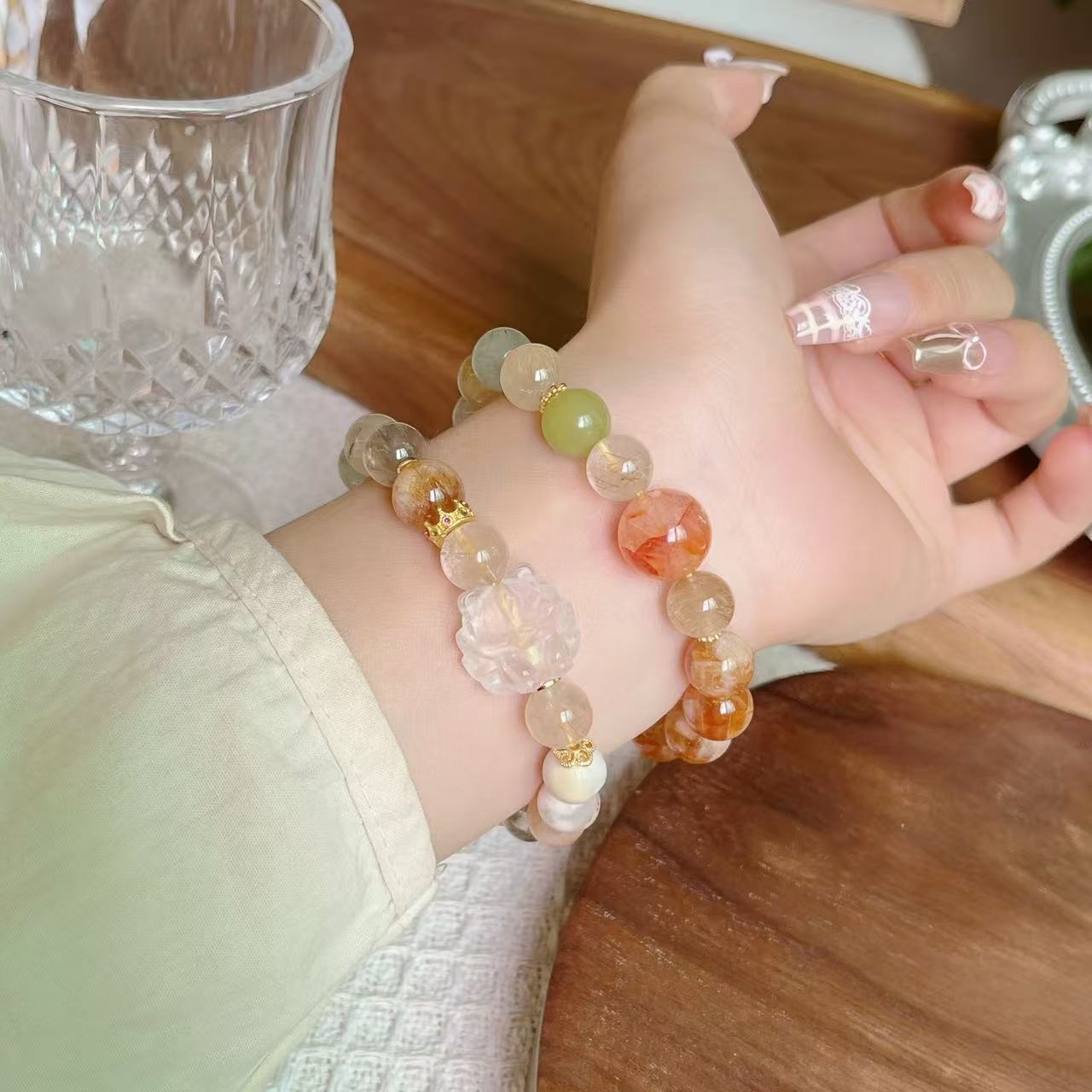 粉晶牡丹花天然多宝水晶串珠女小众时尚手链高级手串手饰礼物混搭