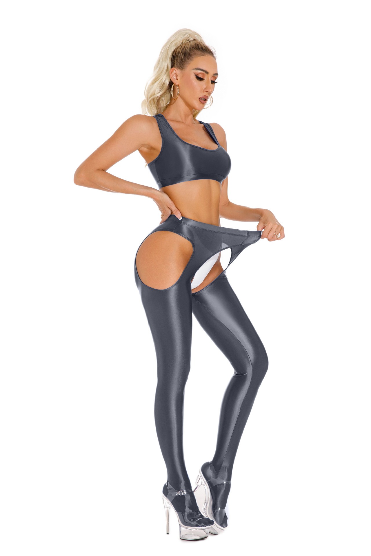 欧美➕非洲  网红丝滑油光亮光泽大码开档免脱连脚裤连裤袜性感跨境打底裤女紧身百搭产品图