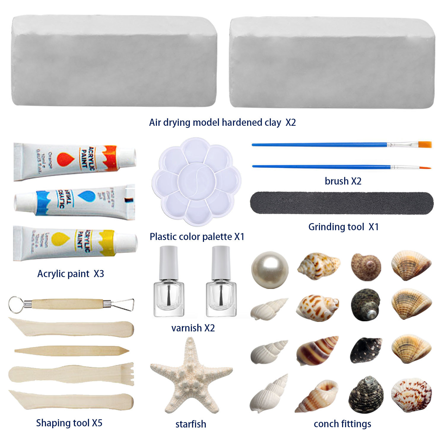Stone plastic clay set, shell ornaments, no-bake air-dry clay shaping DIY material kit, tools, ceramic sculpture clay Specification drawing