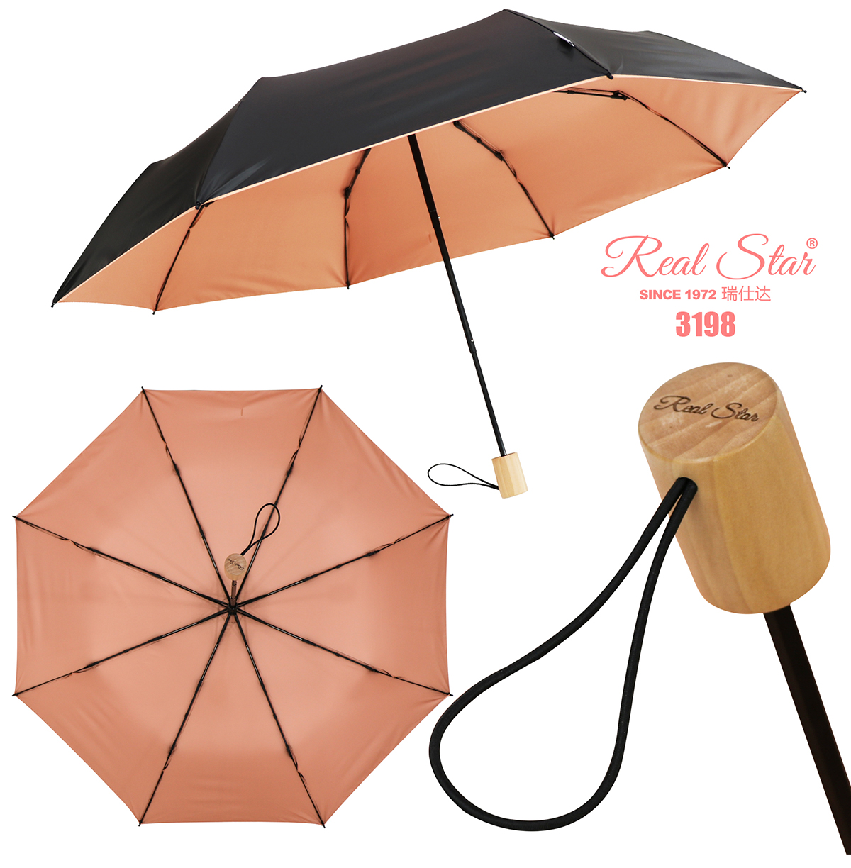 RST晴雨伞UV黑胶遮阳防晒伞UPF50+实木手柄三折伞轻奢详情2