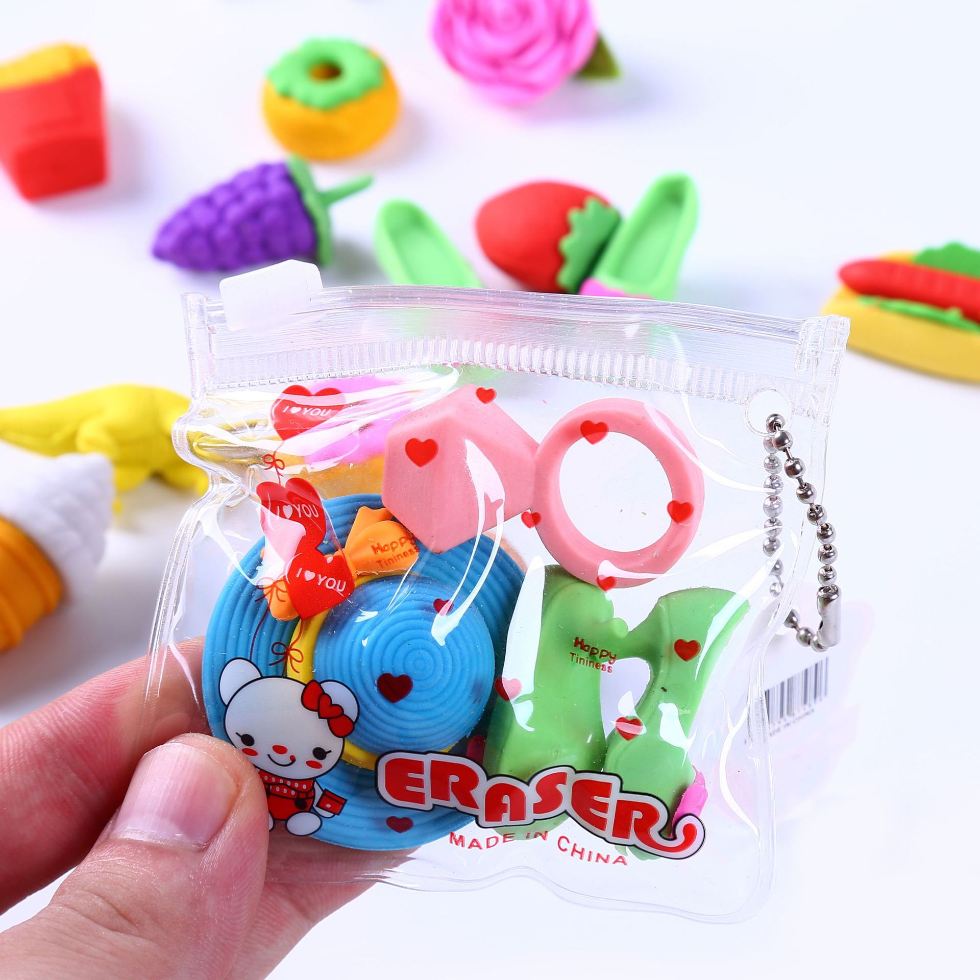 pvc bagged eraser, student cartoon dinosaur fruit eraser, children's gift, drawstring bag, creative correction eraser details Picture
