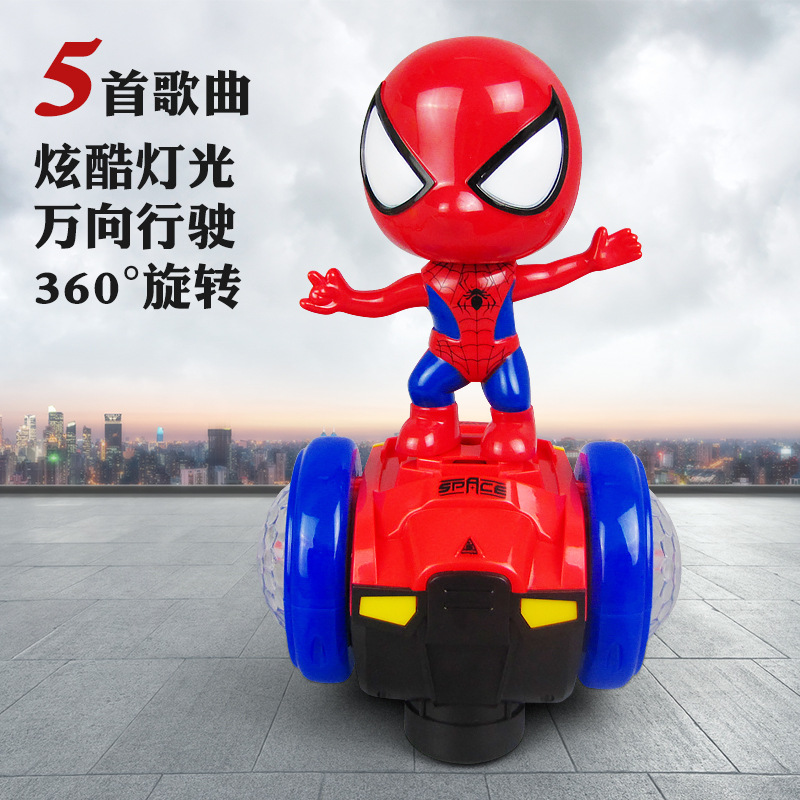 Cross-border bestseller Spider-Man balance car, 360-degree rotating stunt sound and light toy, children's electric toy full figure