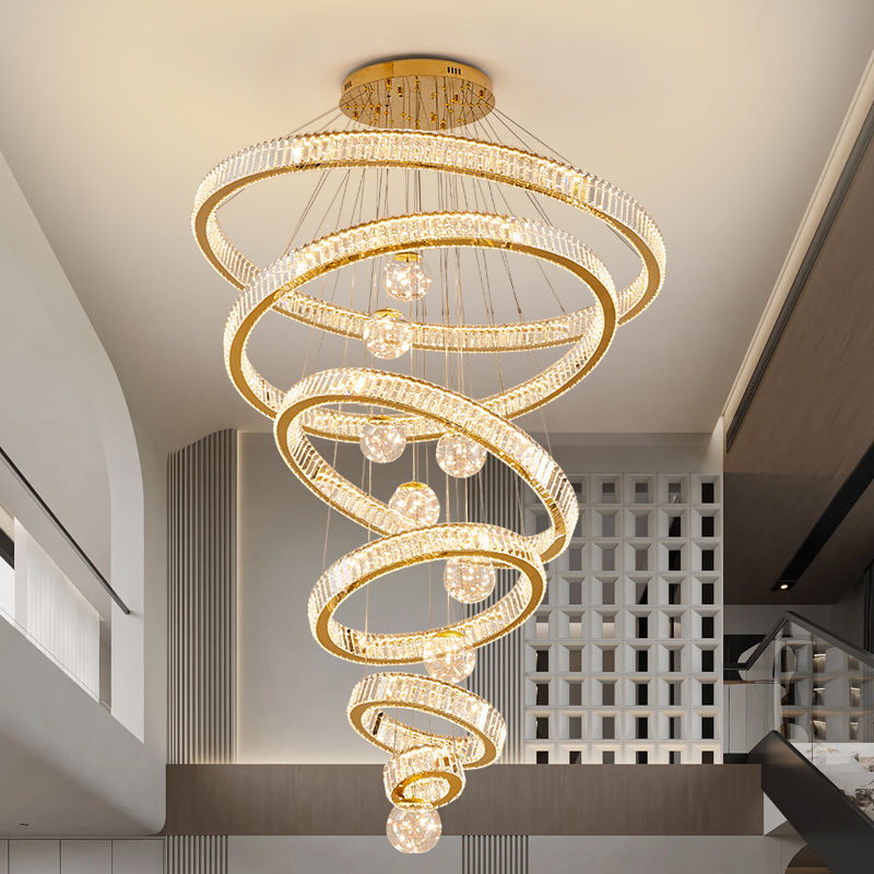 A large chandelier in the spacious living room of a villa, a light luxury mezzanine floor with a high ceiling and a crystal starry sky. A hollow chandelier in a duplex Specification image