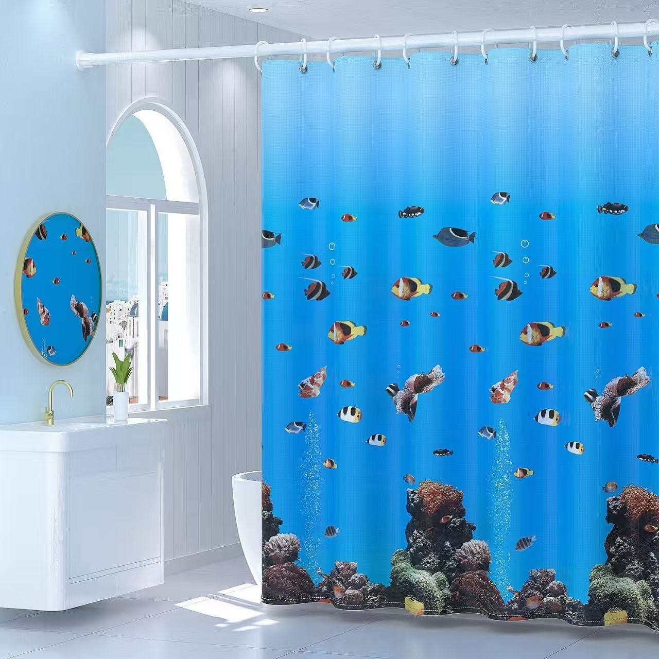 Waterproof and mold-proof, thickened bathroom curtain set, bathroom non-drilling partition curtain, door curtain, window curtain, cross-border hanging curtain Specification image