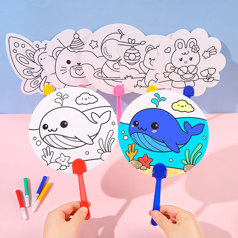Children's diy graffiti fans, painted and colored hand-cranked fans, baby painting folding fans, educational drawing, paper coloring round fans full figure
